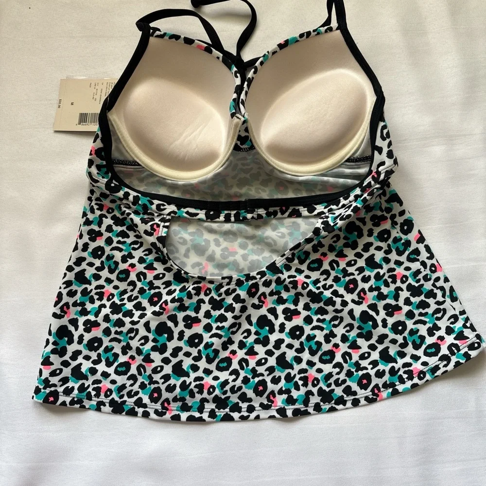 Joe Boxer White Leopard Print Push-Up Halter Tankini with Teal & Pink Accents - Picture 3 of 4